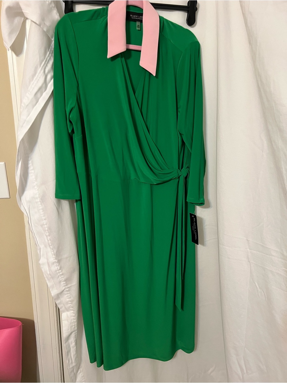 Evan Picone Green Midi Wrap Dress with Pink Collar